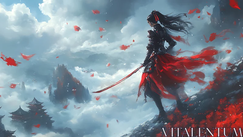 Warrior in red overlooking misty mountains and temples.