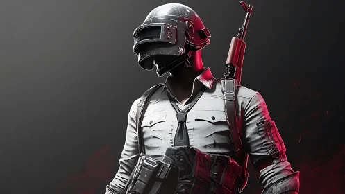 Armored battle royale soldier in dramatic red lighting.