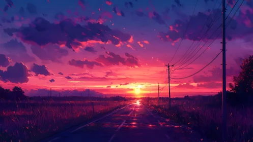 Twilight highway burns gold beneath electric violet clouds.