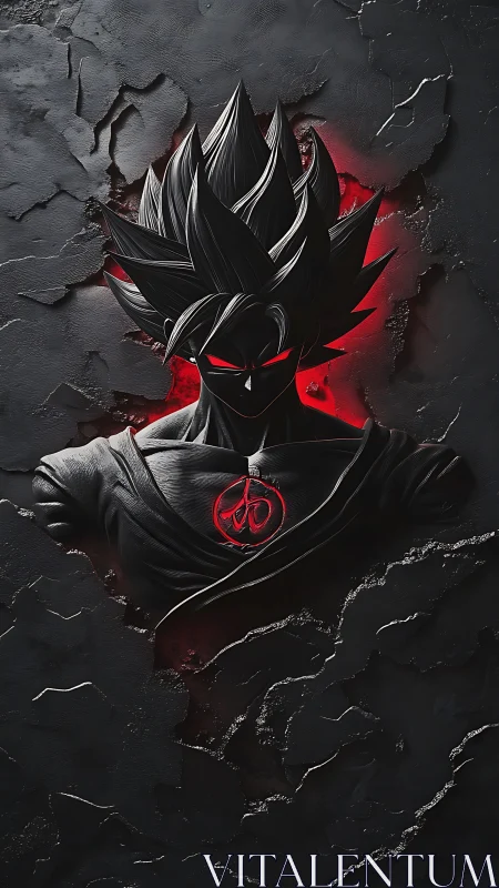 Dark anime warrior bust with red glow and cracked wall.