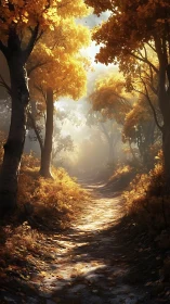 Golden Canopy Pathway Through Dense Autumnal Forest Corridor.