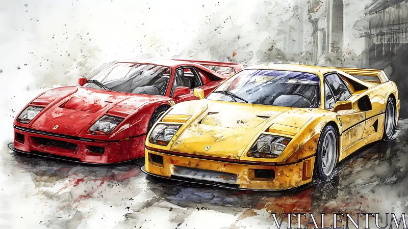 Red and yellow sports cars rendered in loose watercolor style.