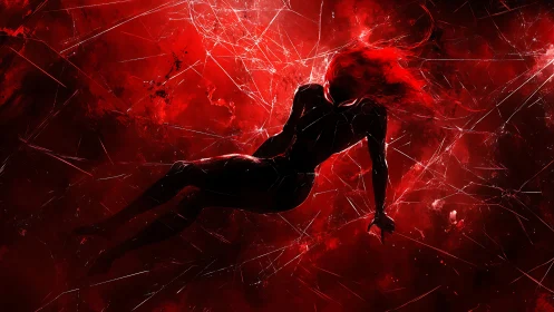 Silhouetted figure in red fractured abstract environment.