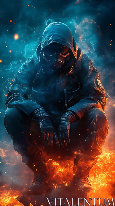 Hooded gas-mask sentinel in dual-tone inferno composition.