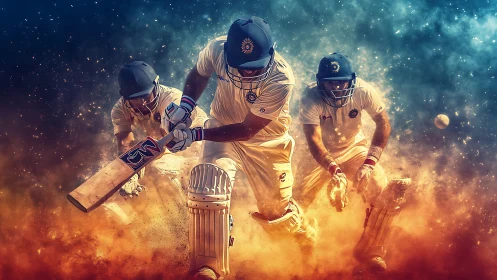 Dynamic cricket batsmen charge through swirling stadium dust