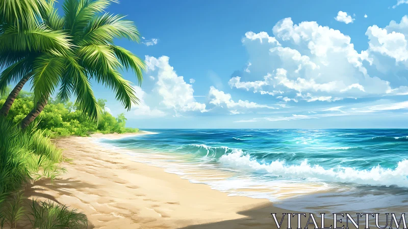 Tropical Beach Paradise with Palm Trees and Ocean Waves.
