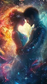 Cosmic Romance: Two Figures Connected by Light and Energy