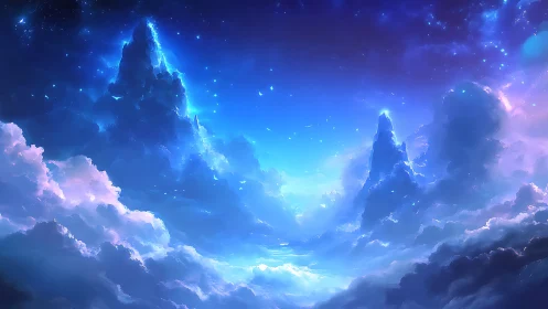 Starlit cloud spires drift upward into a glowing cosmic sea