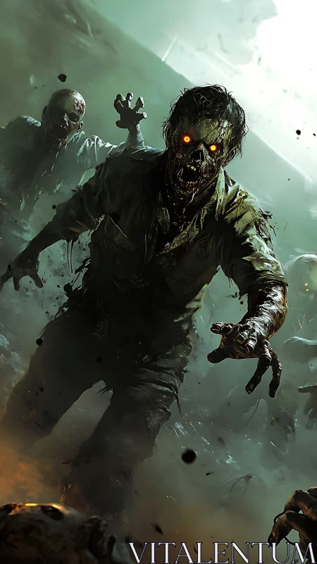 Glowing eyed zombie horde advancing through toxic green fog