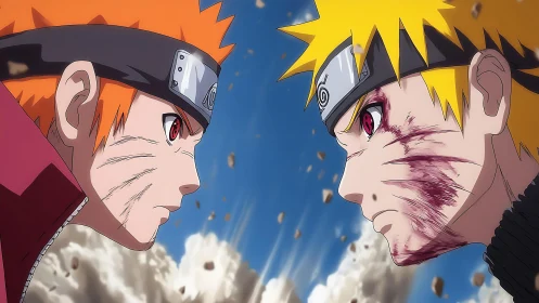 Intense anime duel under shattered sky in close-up profile.