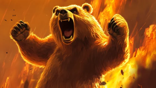 Roaring grizzly bear emerges from blazing inferno backdrop.