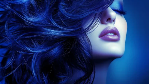 Chromatic blue portrait with high-gloss hair rendering dynamics.