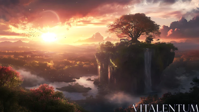 Floating cliff garden overlooks luminous sunset valley