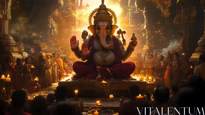 High-detail Ganesha idol in illuminated temple with dense devotional crowd