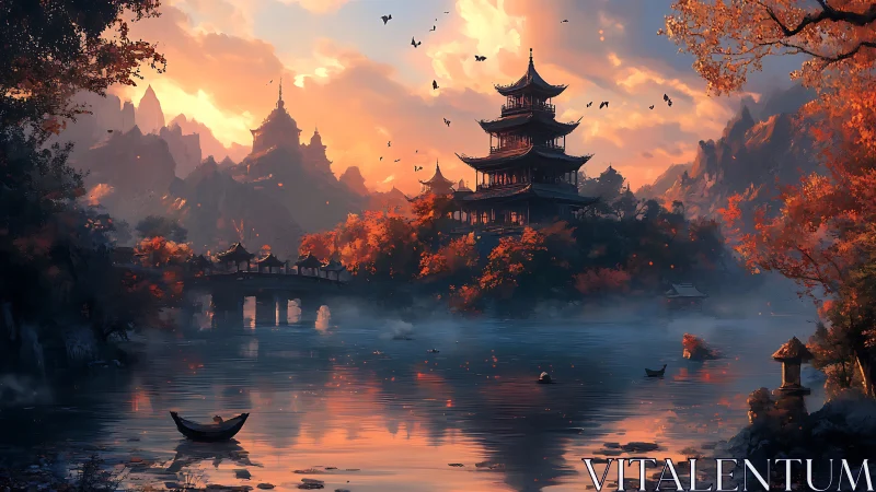 Autumn temple rises over misty lake beneath glowing sunset sky