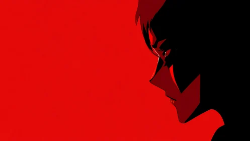 Brooding anime profile against stark red negative space.