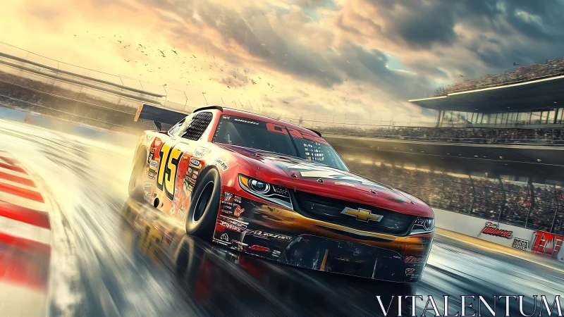 Red stock car powers through wet speedway corner under sky.