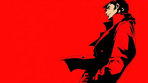 Stylized male figure in red and black coat on red background