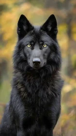 Black wolf portrait against soft autumn forest bokeh background.