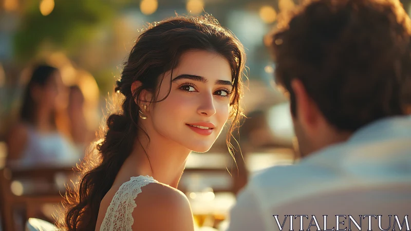 Sunlit café portrait of woman turning toward companion.