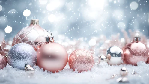 Pink and silver Christmas baubles in snow with soft bokeh.