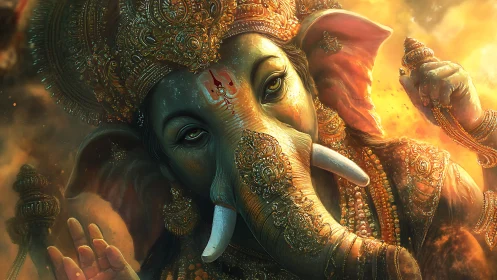 Digital depiction of Ganesha with ornate golden adornments