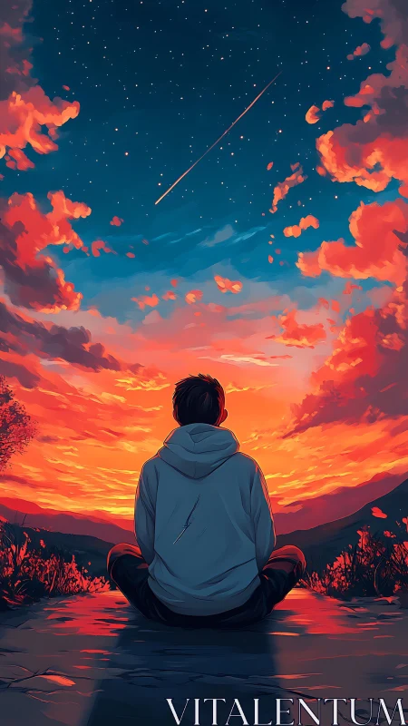 Solitary figure observing vivid sunset sky and meteor trail.