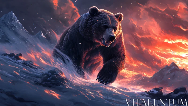 Stormstride bear charging through molten twilight peaks.