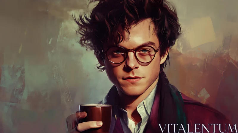 Introspective young man holds coffee in painterly portrait.