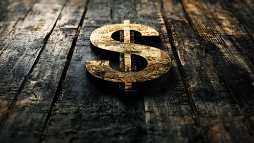 Weathered wooden floor holds a gilded dollar symbol in relief