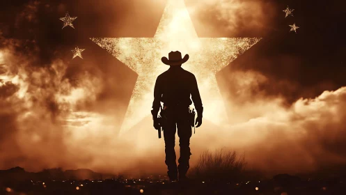 Sunset cowboy silhouette walking toward glowing starry sky.