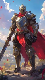 Crimson-caped paladin guarding a sunlit valley frontier.