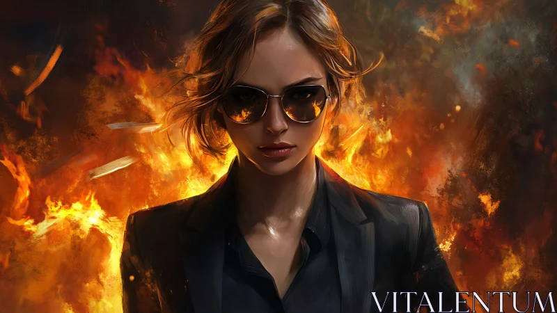 Confident woman in sunglasses with fiery background, digital art style.