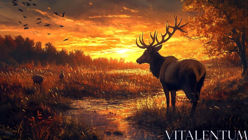 Majestic stag watches a blazing autumn marsh sunset glow.