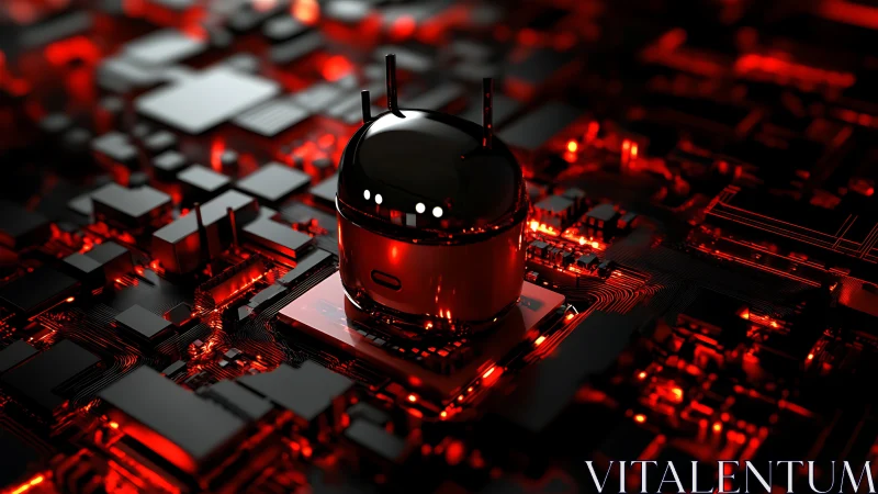 Cyberpunk android core on red-illuminated circuit board elevation.