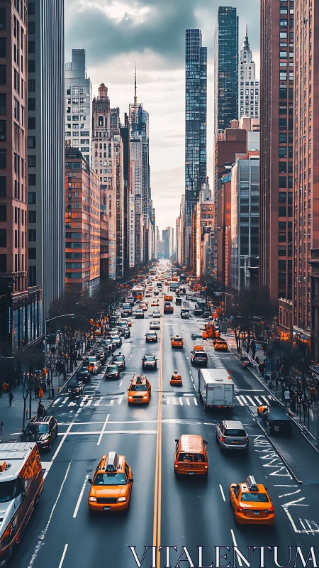 City avenue glows with orange taxis under towering skyscrapers