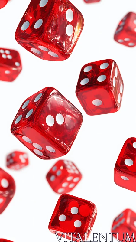 Translucent red dice rotate in midair against white field