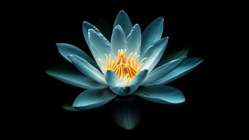 Luminous blue lotus unfolds petals against deep black void.