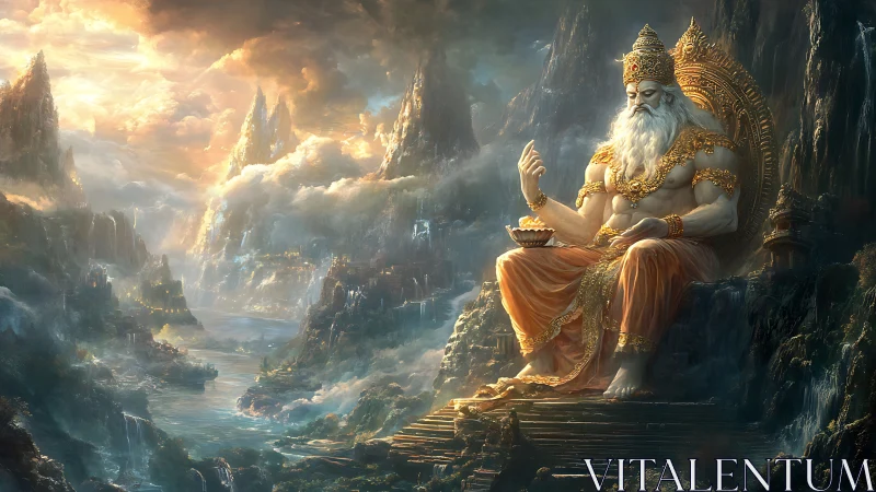 Seated mythic figure in ornate garb amid mountainous clouds.