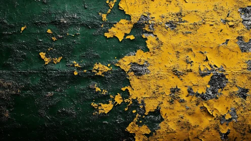 Peeling yellow paint textures over dark green corroded metal.