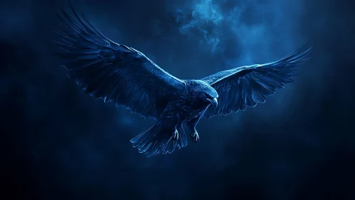 Digital painting of luminous raven in cinematic blue chiaroscuro.
