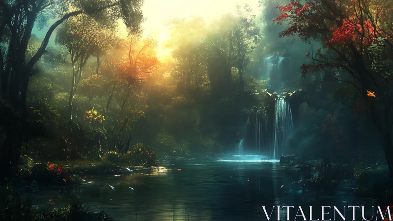 Enchanted Forest Waterfall at Golden Hour.