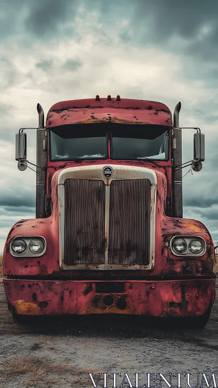 Weathered red semi truck stands beneath a brooding sky.