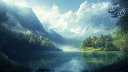 Sunlit alpine lake with misty pine valley and peaks.