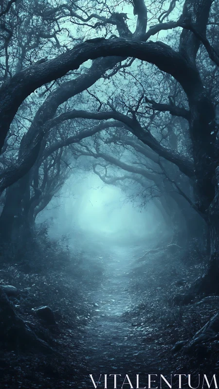 Moonlit misty forest path curling into quiet mystery.