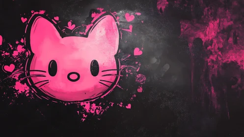 Fluorescent pink cat graffiti portrait with heart splatter on black