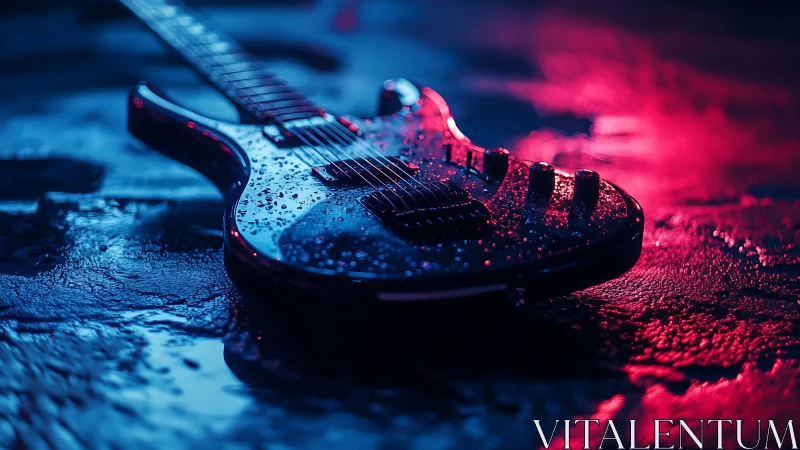 Electric guitar with neon bokeh lighting on wet reflective stage.