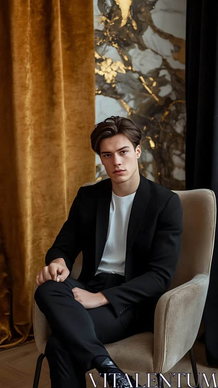 Young man in tailored black suit sits in modern lounge