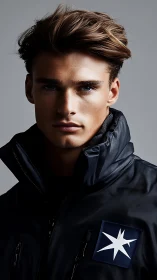 Male model in dark jacket with star patch, studio portrait.