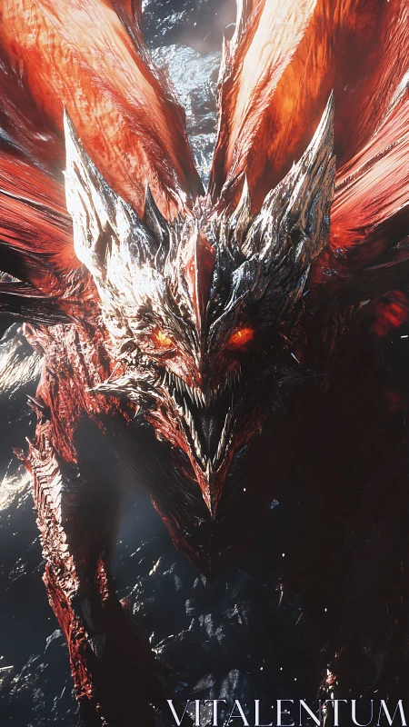 Ember-winged abyssal dragon poised in molten twilight.